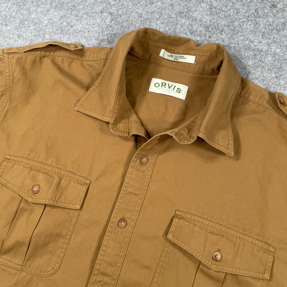 Orvis Mens Shirt XXL Brown Short Sleeve Regular Fit Flat Front Fishing Trout Bum